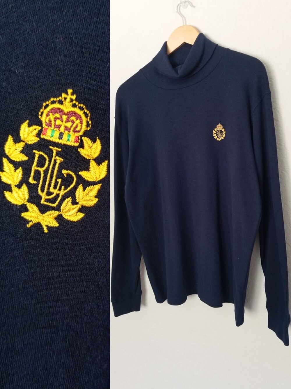 Lauren Ralph Lauren Women's L Navy Blue Turtleneck Gold Embroidered Crest Logo